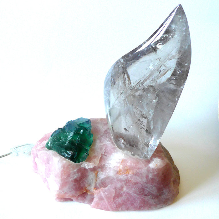 Clear Flame Lamp in Rose Quartz Base with Green Fluorite