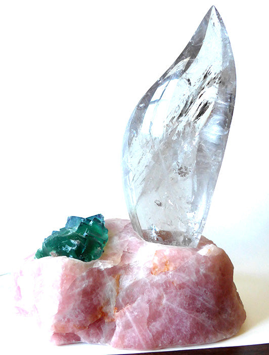 Clear Flame Lamp in Rose Quartz Base with Green Fluorite