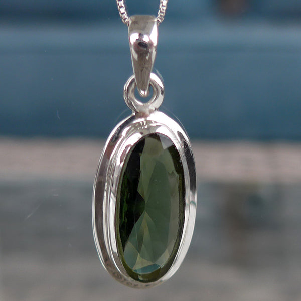 Price Plunge: Long Faceted Oval Moldavite Bezel Set Pendant