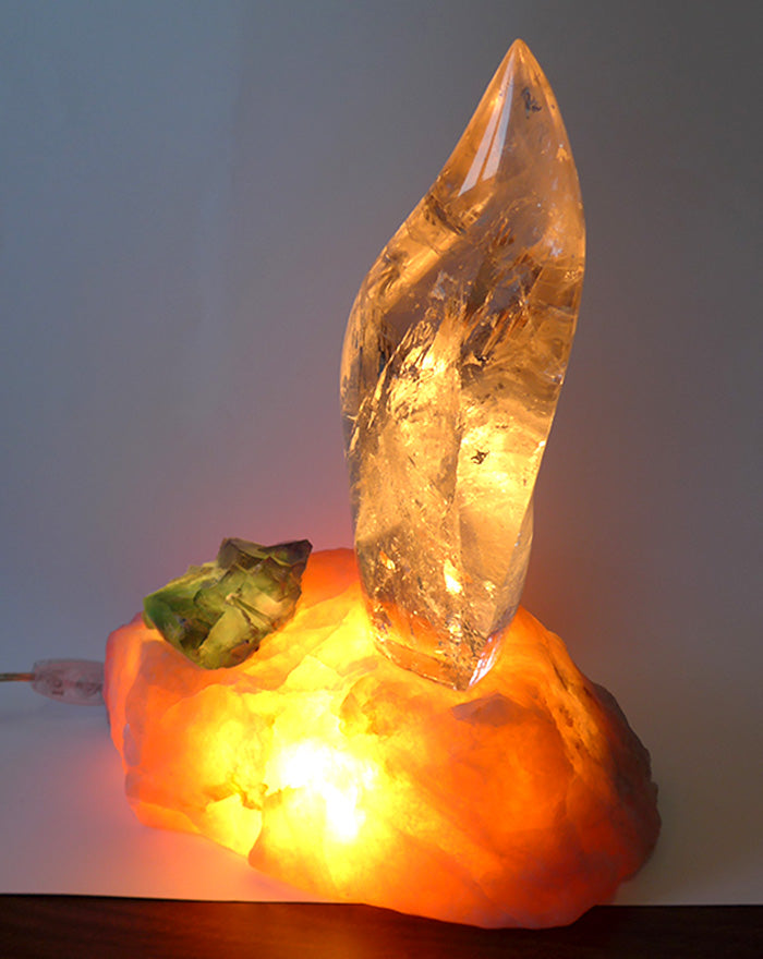 Clear Flame Lamp in Rose Quartz Base with Green Fluorite