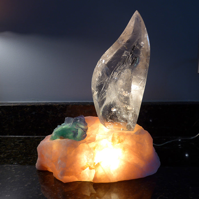 Clear Flame Lamp in Rose Quartz Base with Green Fluorite