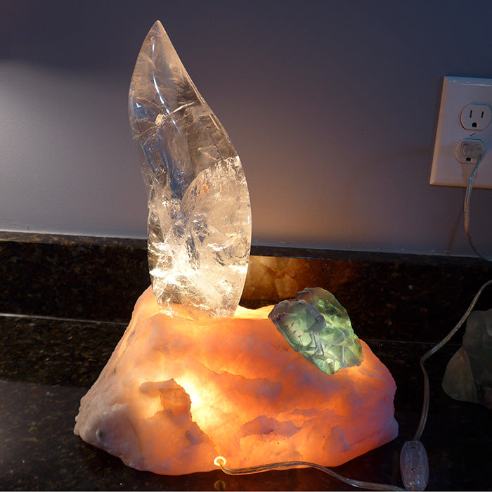 Clear Flame Lamp in Rose Quartz Base with Green Fluorite