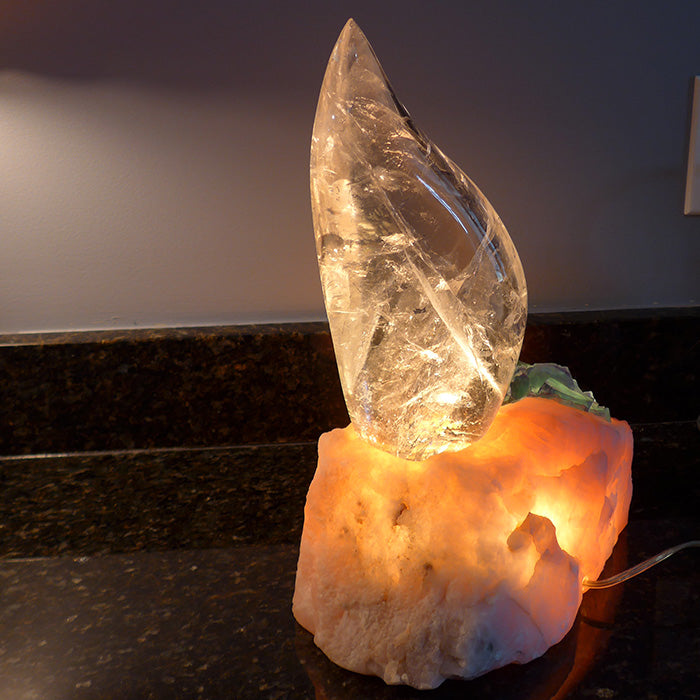 Clear Flame Lamp in Rose Quartz Base with Green Fluorite