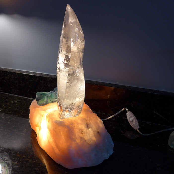 Clear Flame Lamp in Rose Quartz Base with Green Fluorite