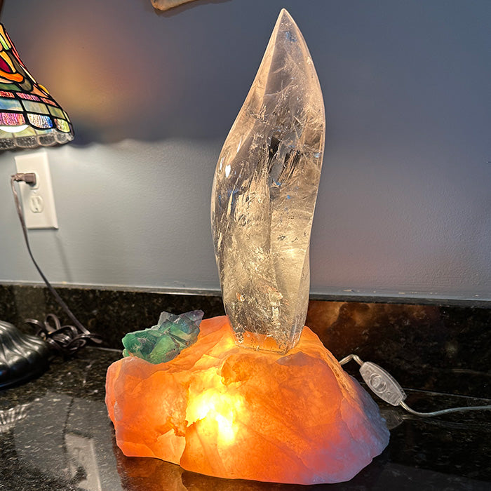 Clear Flame Lamp in Rose Quartz Base with Green Fluorite