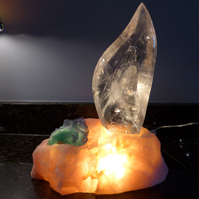 Clear Flame Lamp in Rose Quartz Base with Green Fluorite
