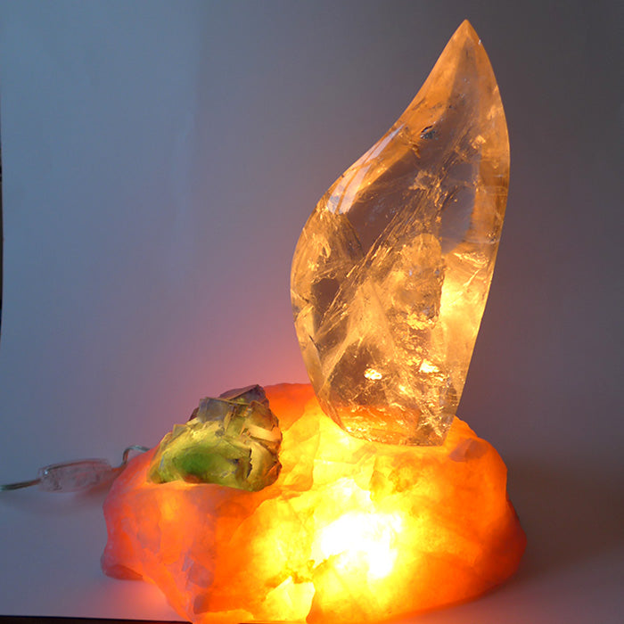 Clear Flame Lamp in Rose Quartz Base with Green Fluorite