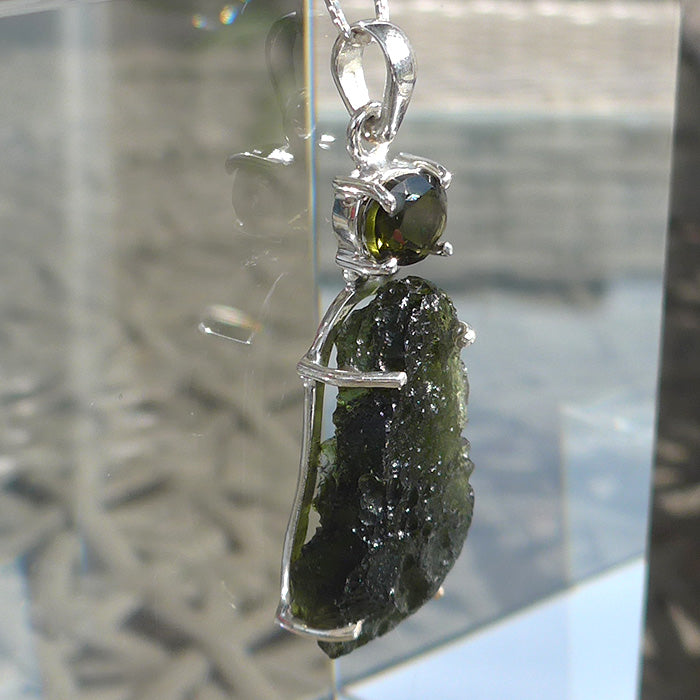 Large Teardrop Moldavite Pendant with Oval Moldavite Gemstone Crown