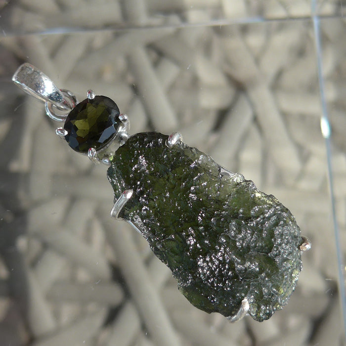 Large Teardrop Moldavite Pendant with Oval Moldavite Gemstone Crown