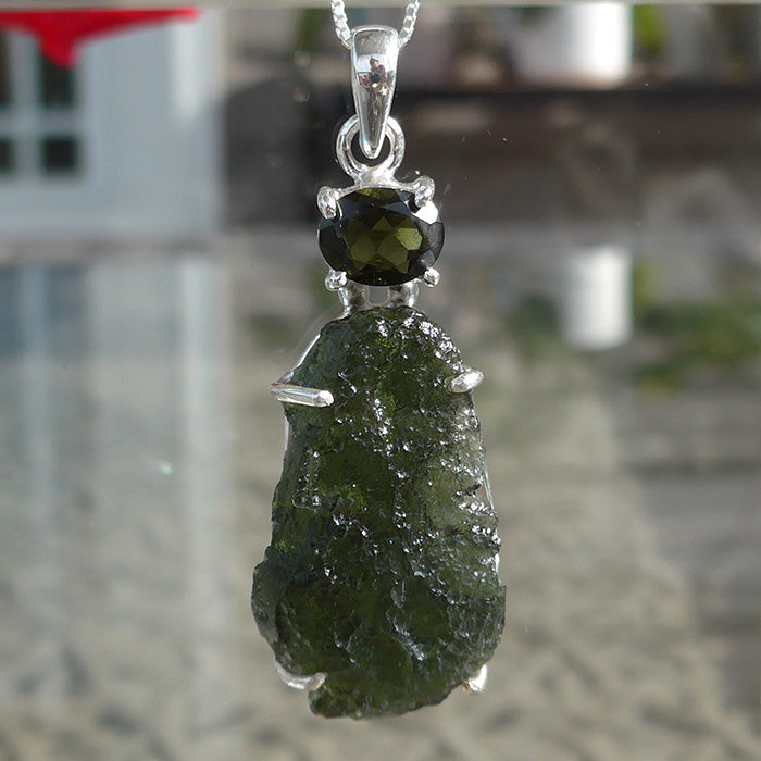 Large Teardrop Moldavite Pendant with Oval Moldavite Gemstone Crown