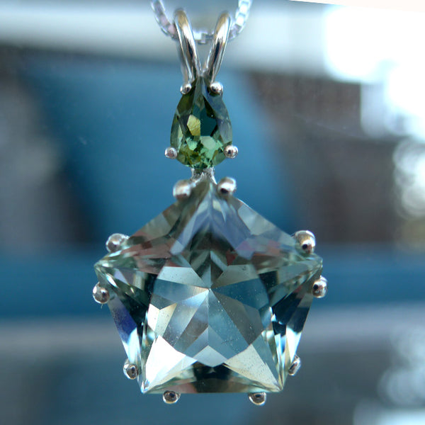 Prasiolite Star of Venus Pendant with Moldavite Crown