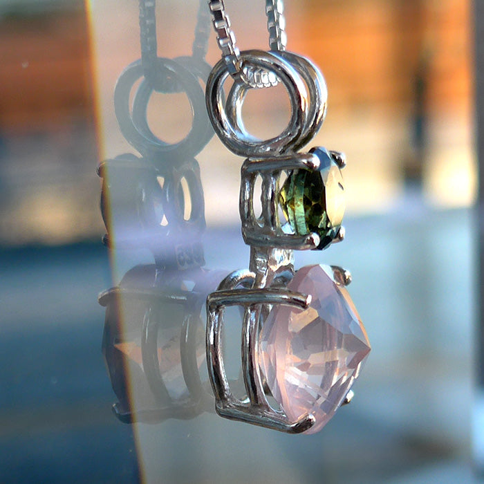 Rose Quartz Mini Radiant Heart with Round Moldavite