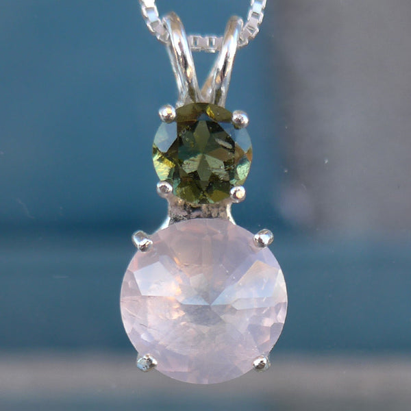 Rose Quartz Mini Radiant Heart with Round Moldavite