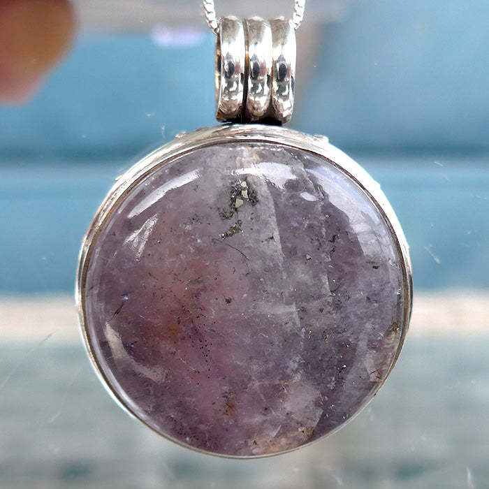 Round Espiritu Santo Rutilated Amethyst Violet Flame Pendant