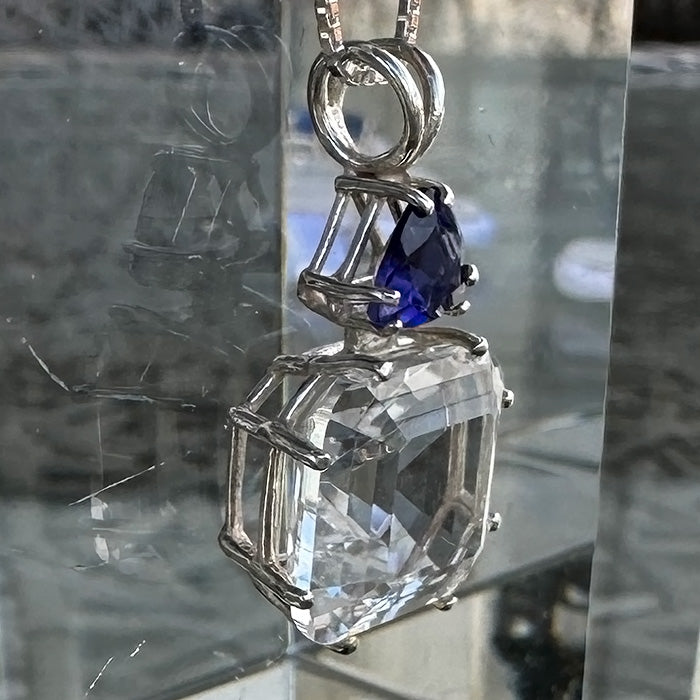 Clear Quartz Earth Heart Pendant with Blue Iolite Trillion Topstone