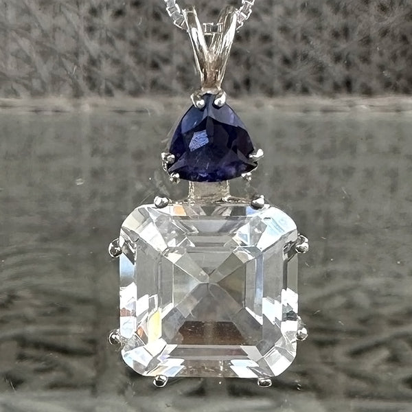 Clear Quartz Earth Heart Pendant with Blue Iolite Trillion Topstone