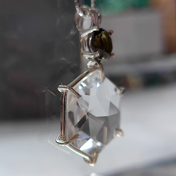 Clear Flower of Life Pendant with Round Moldavite Topstone