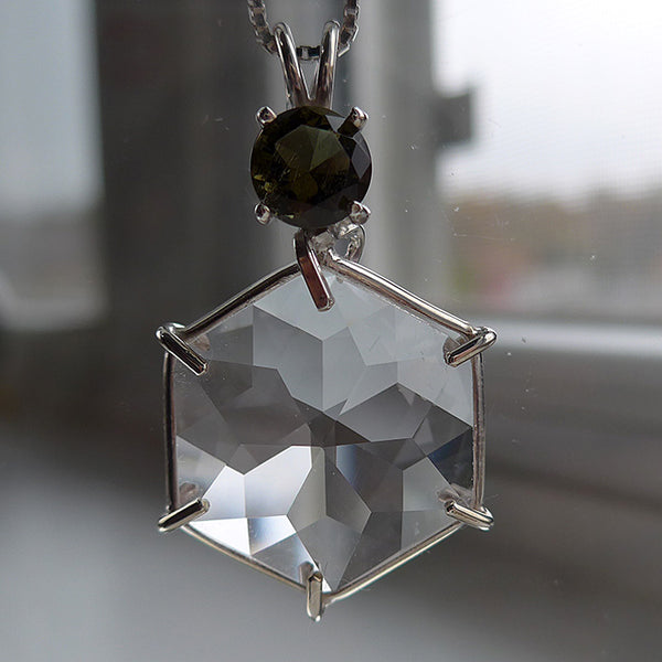 Clear Flower of Life Pendant with Round Moldavite Topstone