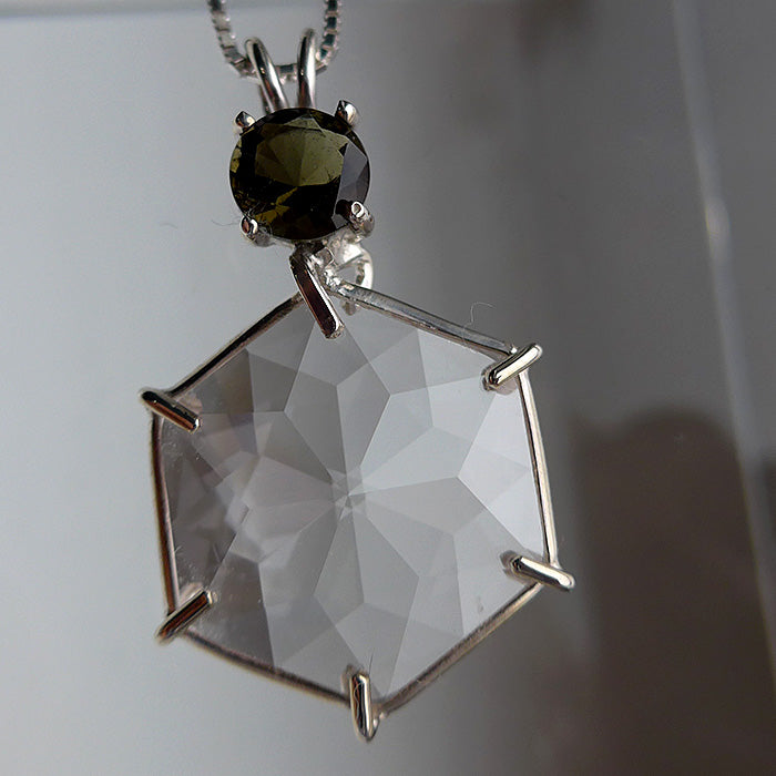 Clear Flower of Life Pendant with Round Moldavite Topstone