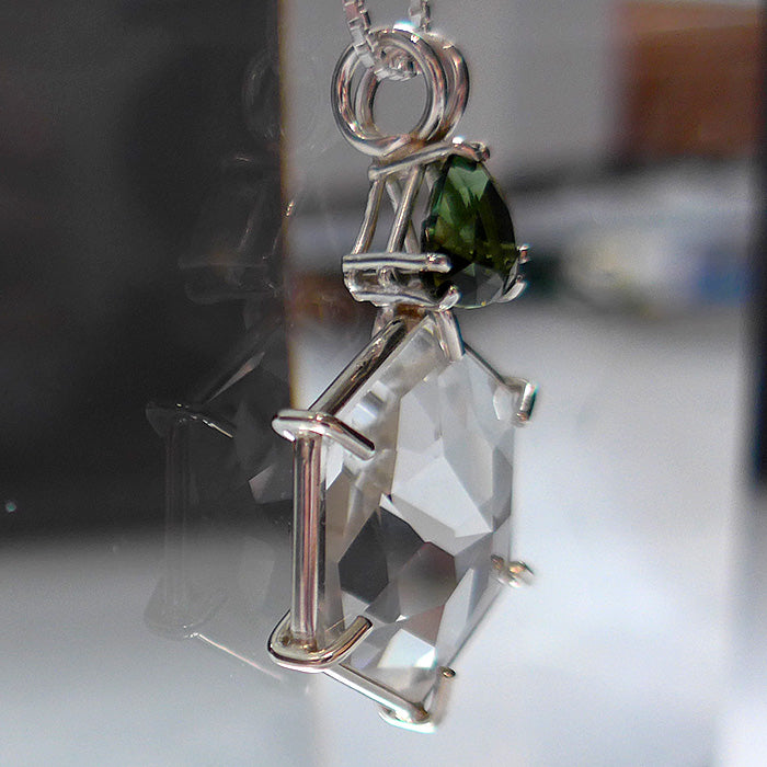 Clear Quartz Flower of Life with Trillion Moldavite Crown