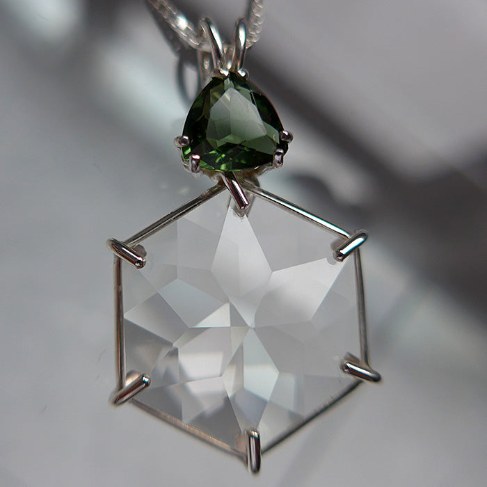 Clear Quartz Flower of Life with Trillion Moldavite Crown