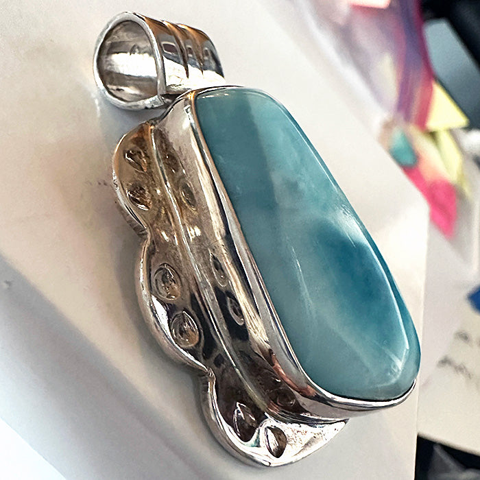 Beautiful Larimar Pendant in Silver Filigree Setting