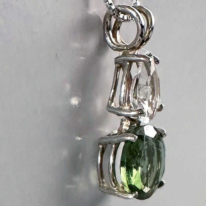 Moldavite Brilliant Cut Round Gemstone Pendant with Teardrop Danburite Crown