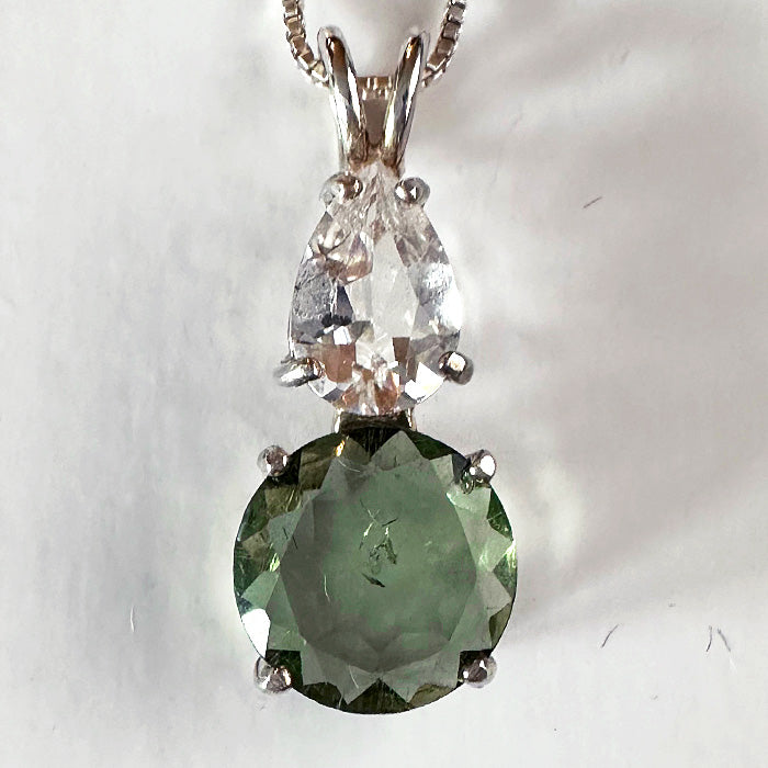 Moldavite Brilliant Cut Round Gemstone Pendant with Teardrop Danburite Crown