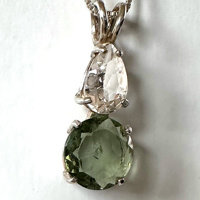 Moldavite Brilliant Cut Round Gemstone Pendant with Teardrop Danburite Crown