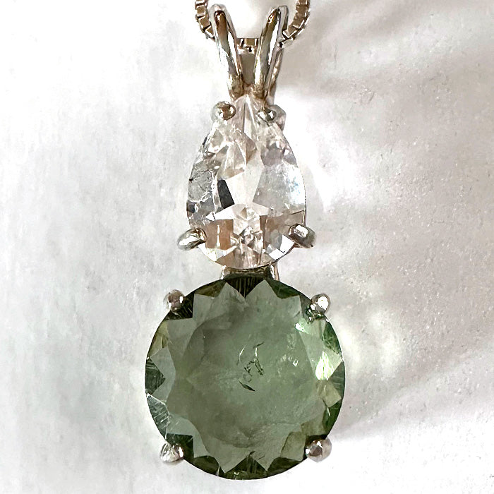 Moldavite Brilliant Cut Round Gemstone Pendant with Teardrop Danburite Crown