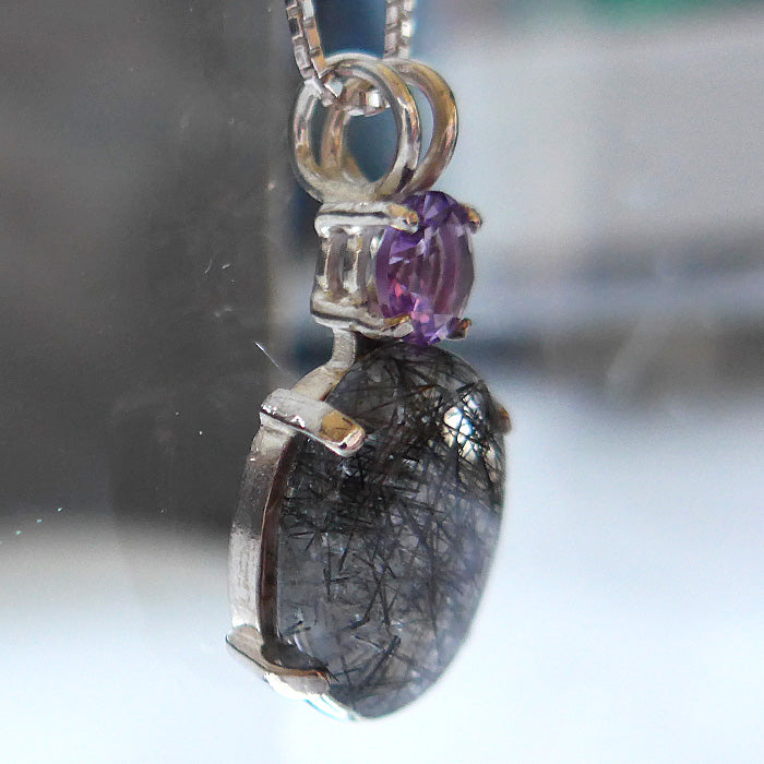 Oval Tourmalinated Quartz Pendant with Rose de France Amethyst Crown