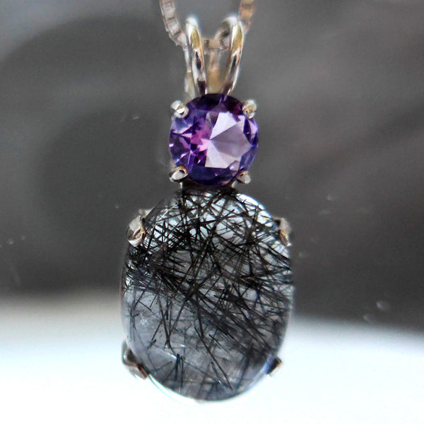 Oval Tourmalinated Quartz Pendant with Rose de France Amethyst Crown