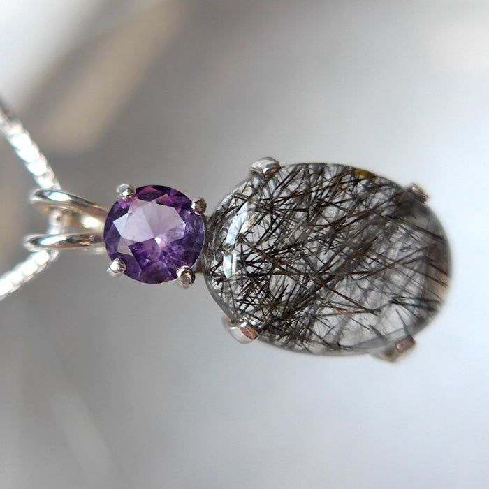 Oval Tourmalinated Quartz Pendant with Rose de France Amethyst Crown