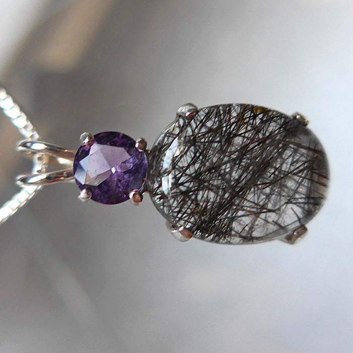 Oval Tourmalinated Quartz Pendant with Rose de France Amethyst Crown