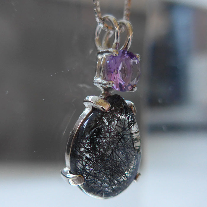 Teardrop Tourmalinated Quartz Pendant with Rose de France Amethyst Crown