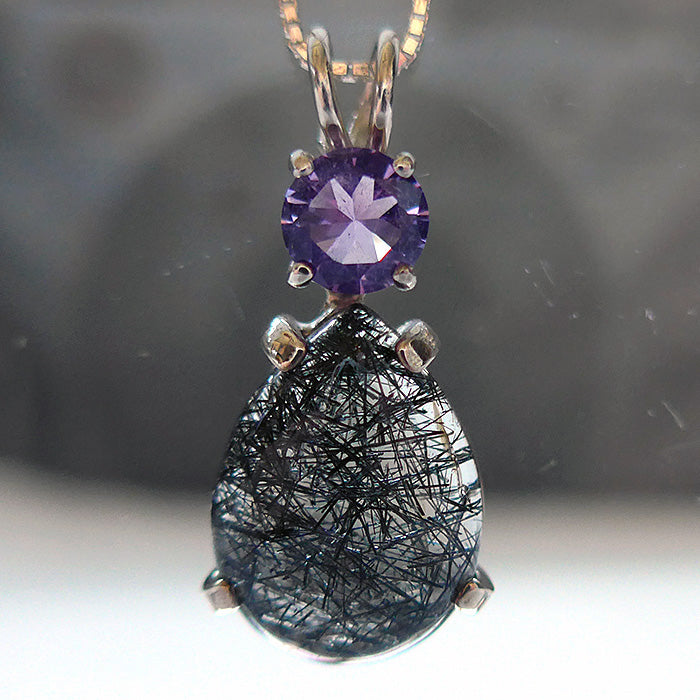 Teardrop Tourmalinated Quartz Pendant with Rose de France Amethyst Crown