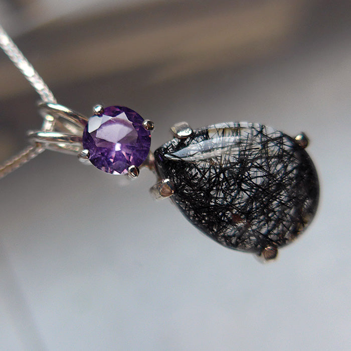 Teardrop Tourmalinated Quartz Pendant with Rose de France Amethyst Crown