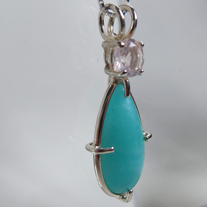 Amazonite Teardrop Pendant with Round Faceted Rose Quartz Crown