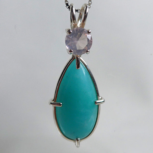 Amazonite Teardrop Pendant with Round Faceted Rose Quartz Crown