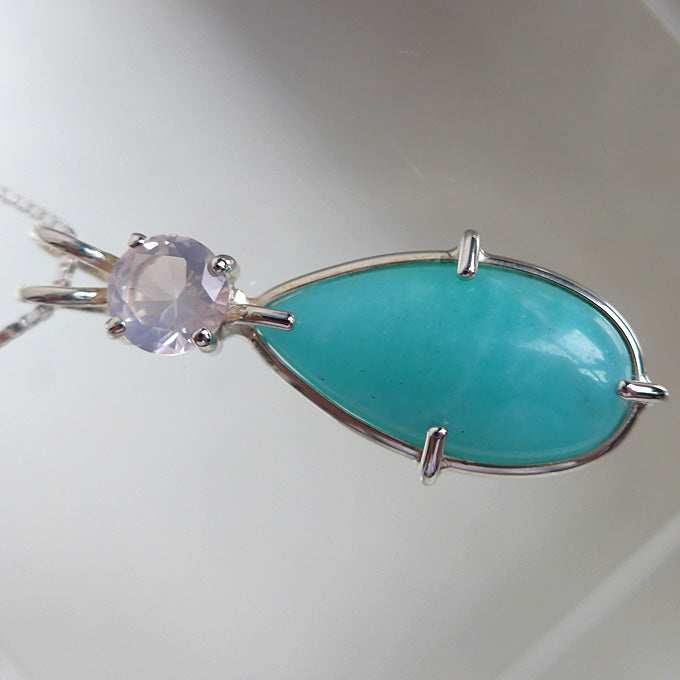 Amazonite Teardrop Pendant with Round Faceted Rose Quartz Crown