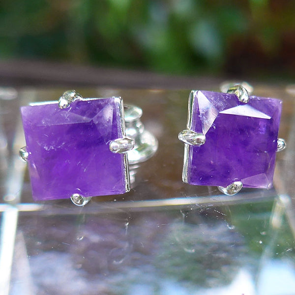 Amethyst Square Stud Earrings Rhodium Plated Non Tarnishing