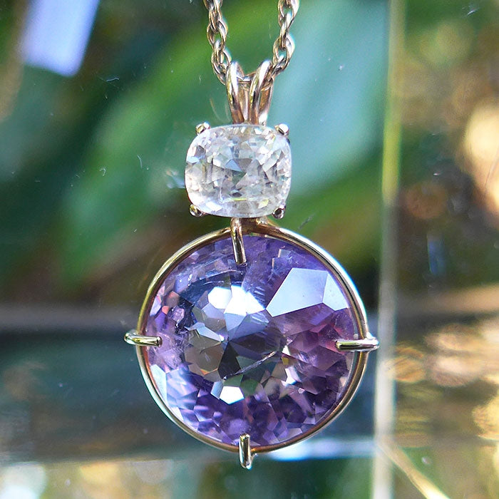 Amethyst Radiant Heart Pendant with Phenacite Crown in 14K Gold