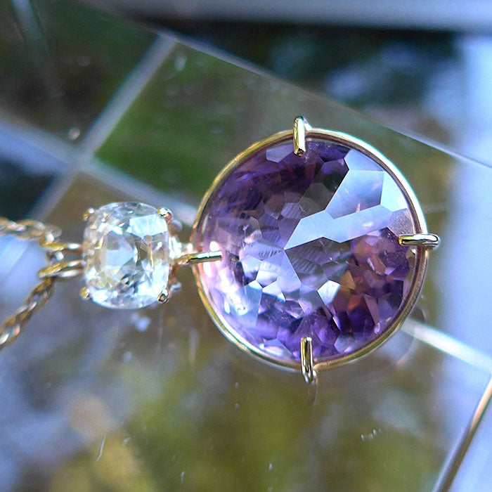 Amethyst Radiant Heart Pendant with Phenacite Crown in 14K Gold
