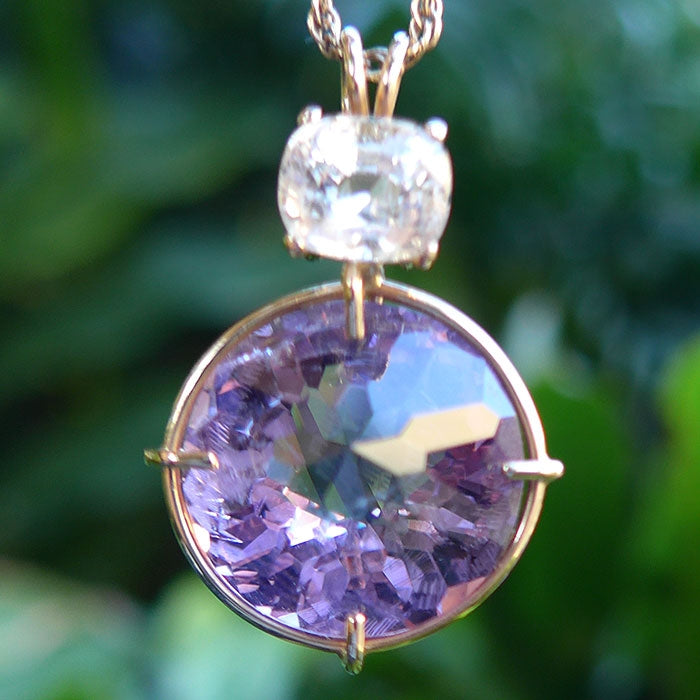 Amethyst Radiant Heart Pendant with Phenacite Crown in 14K Gold