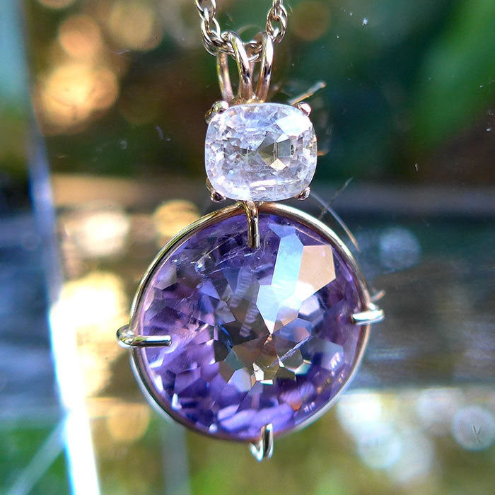 Amethyst Radiant Heart Pendant with Phenacite Crown in 14K Gold