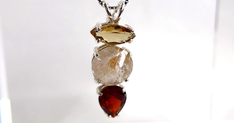 Rutilated Quartz Mini Radiant Heart Pendant with Citrine Marquise and Hessonite Garnet Teardrop
