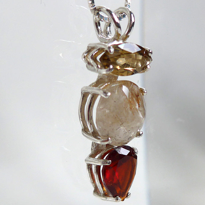 Rutilated Quartz Mini Radiant Heart Pendant with Citrine Marquise and Hessonite Garnet Teardrop