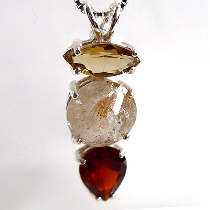 Rutilated Quartz Mini Radiant Heart Pendant with Citrine Marquise and Hessonite Garnet Teardrop