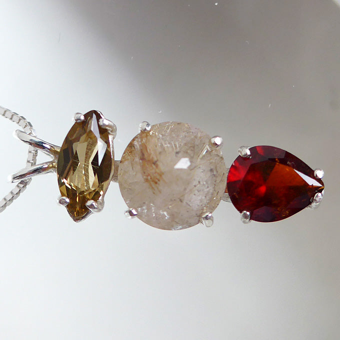 Rutilated Quartz Mini Radiant Heart Pendant with Citrine Marquise and Hessonite Garnet Teardrop