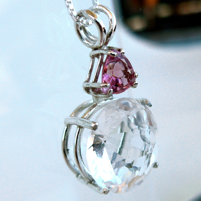Clear Quartz Radiant Heart with Pink Tourmaline Crown in Basket Setting